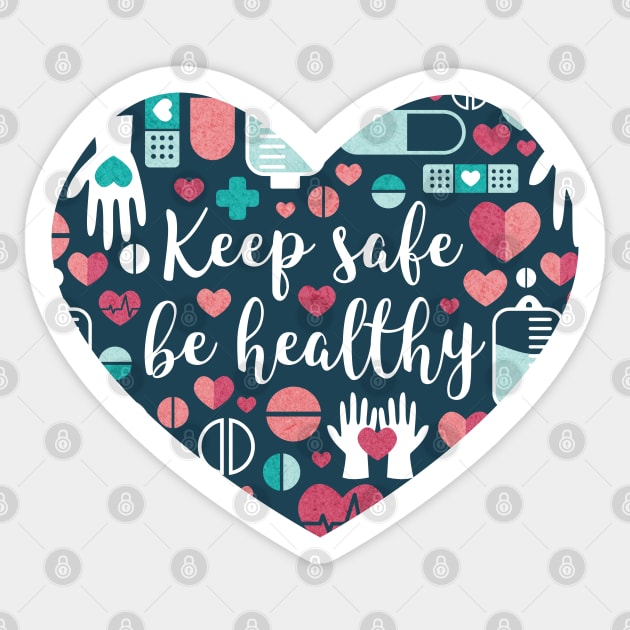 Keep safe be healthy // heart print // navy blue background aqua mint red white and coral medicine elements Sticker by SelmaCardoso